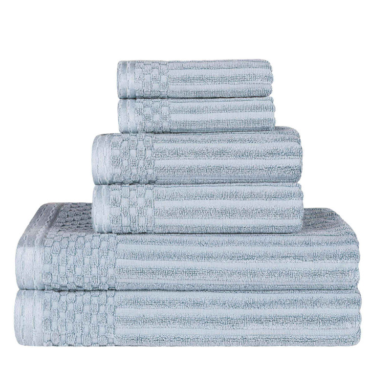 Ruvins Cotton Highly Absorbent 6-Piece Solid and Checkered Border Towel Set, Slate Blue