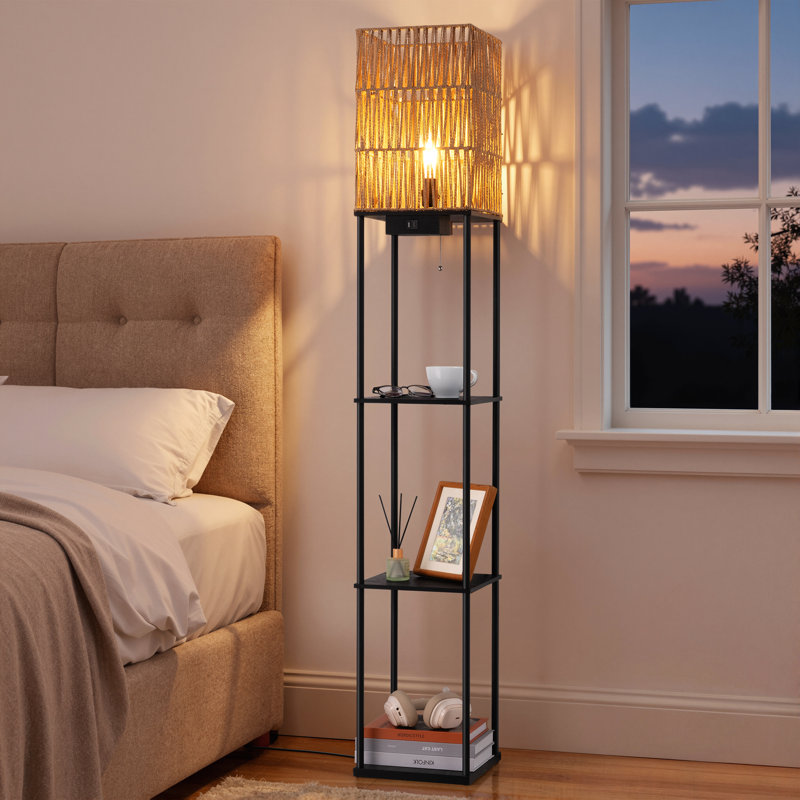 63.8" Column Floor Lamps With Rattan Shade And Remote Control