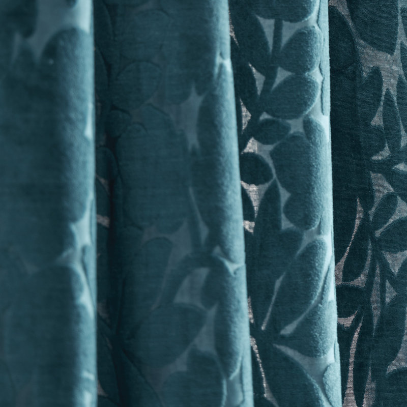 Teal Velvet Floral Print Grommet Curtain Panel Pair