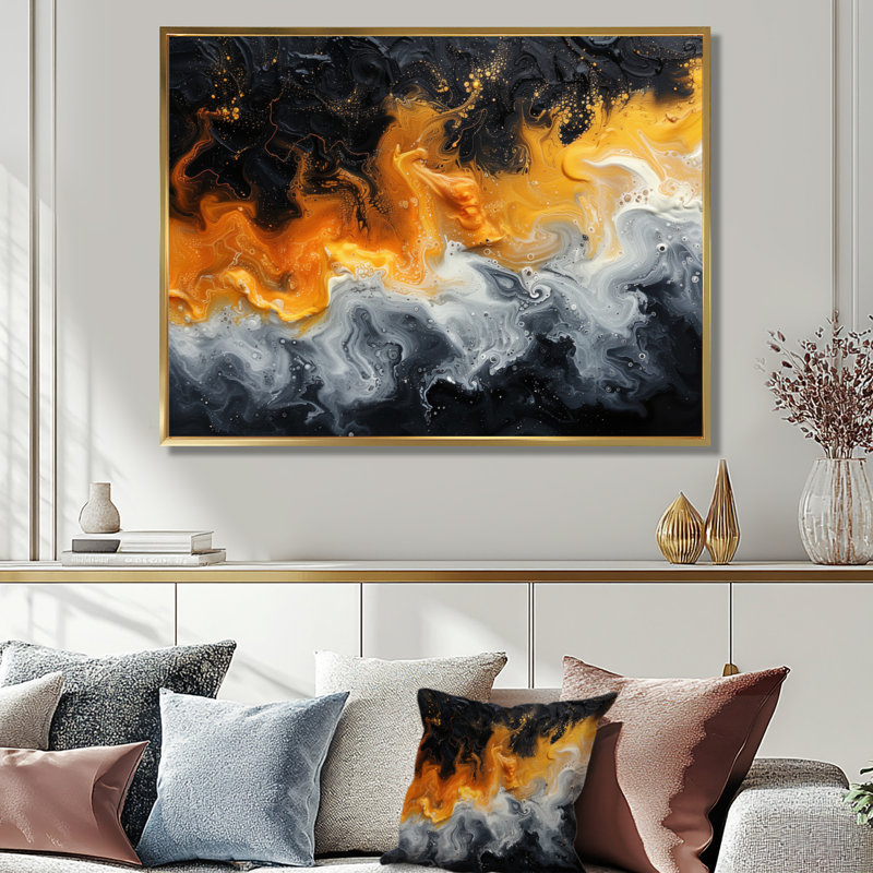  «Orange noir abstrait liquide rivière III - art abstrait mural encre liquide, Cadre photo noir, H 30 po x l 40 po