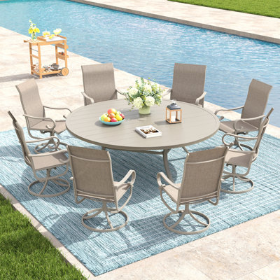 8-Person Patio Dining Set with 63" Round Dining Table and 8 Swivel PVC-coated polyester Chairs