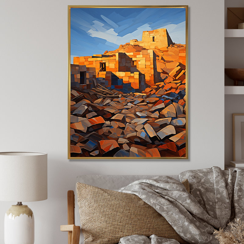 Ruines anciennes dans un paysage mexicain - Art mural mexicain, Cadre flottant doré, 20" H x 12" W