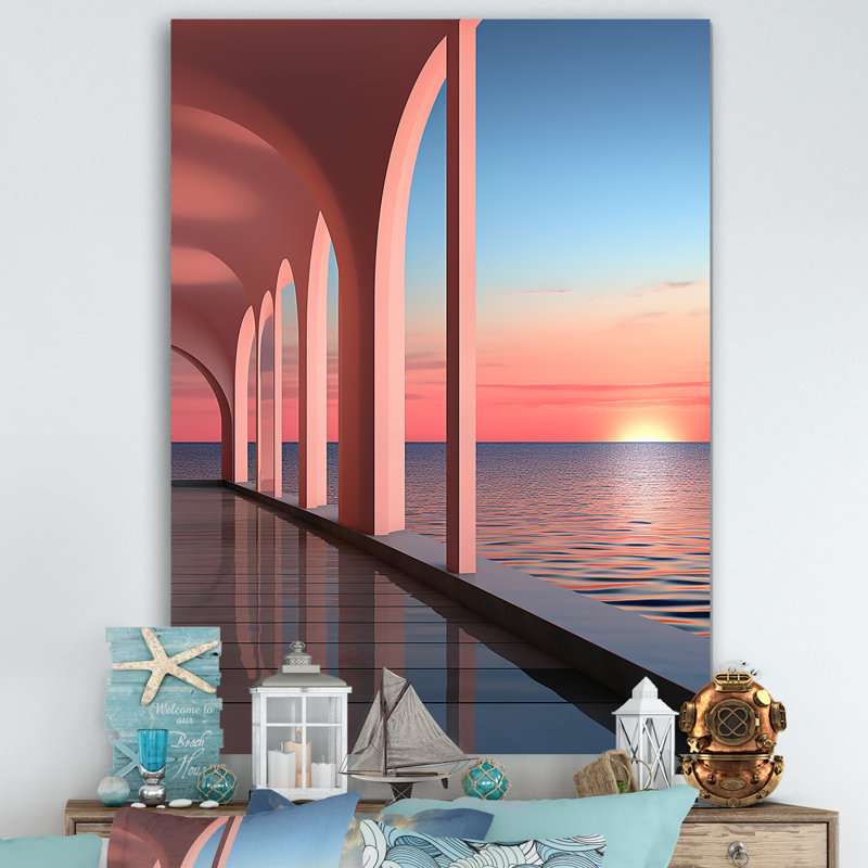 " Sunset Coastal Architecture Serenity I ", 44" H x 34" W x 1.5" D, Wrapped Canvas