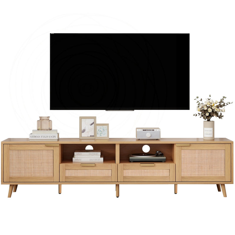 Meuble télé en rotin avec tablettes ouvertes et rangement, Bois