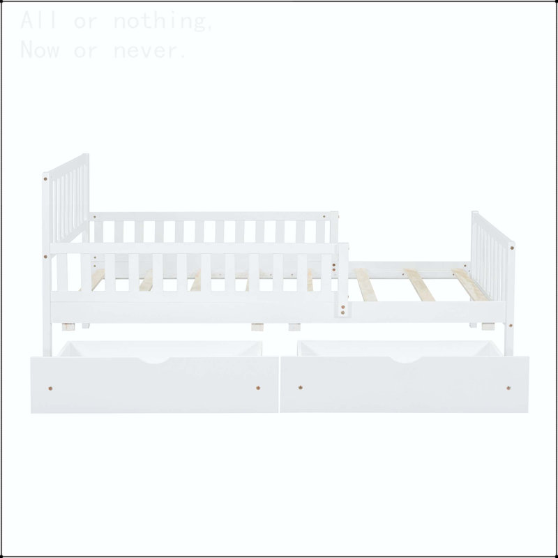 Full Size Wood Platform Bed with Storage Drawers and Safety Guardrails, Twin, White