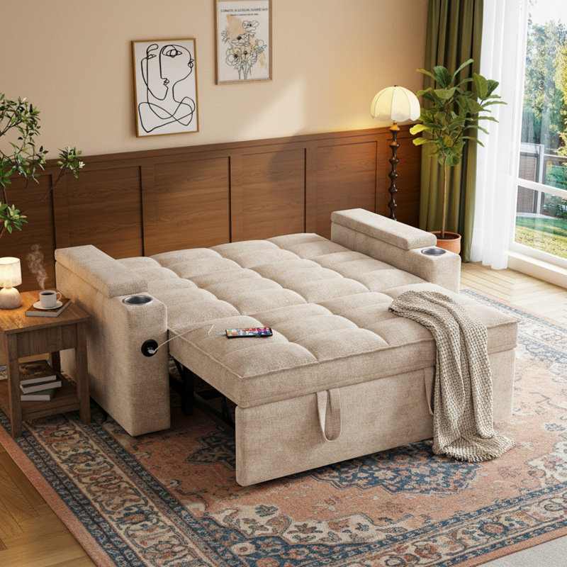 65'' Chenille Upholstered 3-in-1 Convertible Sofa Bed with Pull-Out Sleeper & 360° Swivel Side Table, Khaki