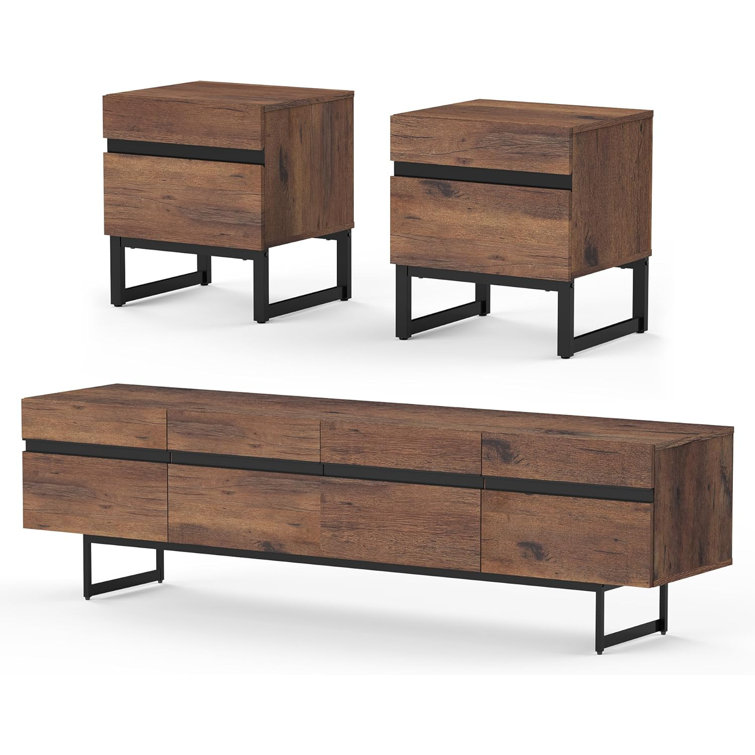 3-Piece Modern Living Room Table Set, 71-Inch TV Stand With Storage Cabinet And End Tables With 2 Drawers, Entertainment Centre And Console TV Table For Living Room