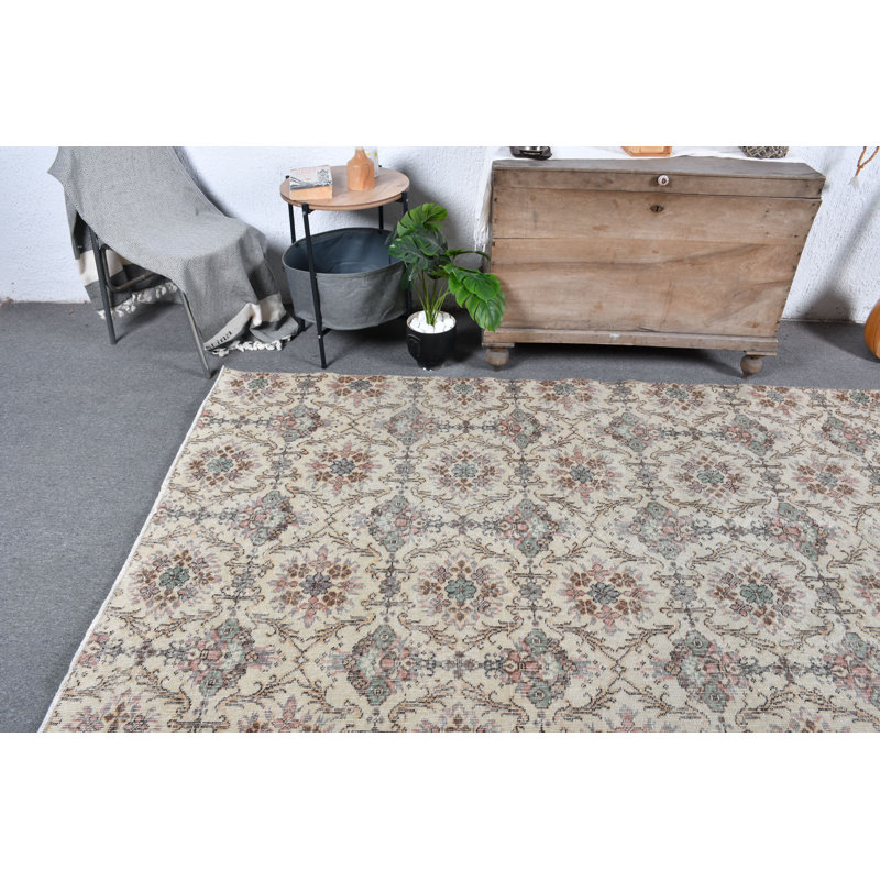 Grand tapis turc vintage en laine Oushak beige / vert pour la salle à manger et la cuisine beige / vert
