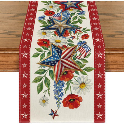 American Flag Stars Flowers 210 Gsm 4th Of July Table Runner, Memorial Day Kitchen Dining Table Decoration For Home Party Decor 13x72 Inch