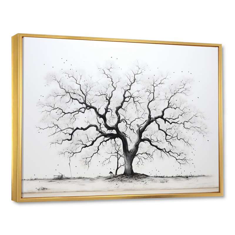 Baobab gris minimalisme sur toile, Cadre flottant doré, H 34 po x l 44 po x P 1,5 po