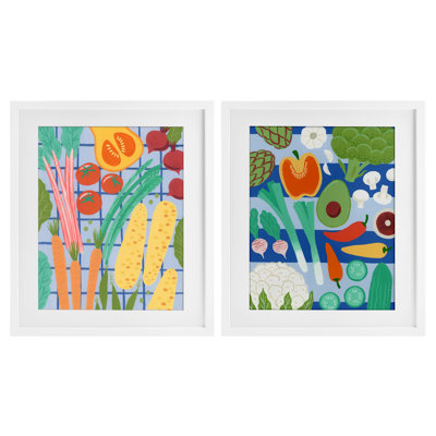 Bright Veggie Harvests 2pc Framed Print Under Glass Set, design by Courtney Haley