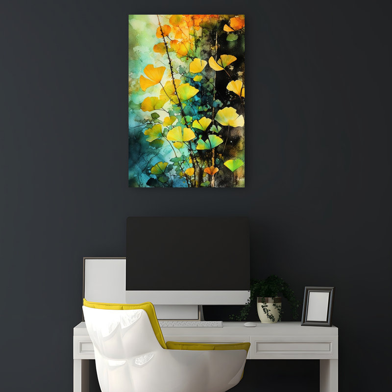 «Vibrant Autumn Ginkgo Abstract Forest Landscape», art mural, H 18 po x l 12 po