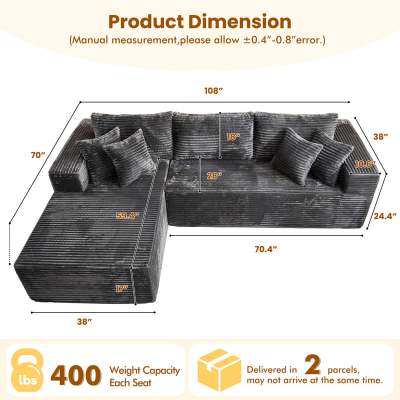 Canapé modulaire rembourré 2 pièces Boneless, Gris