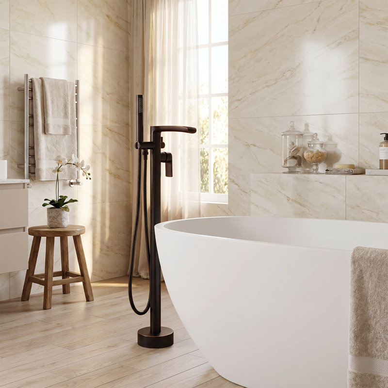Freestanding Floor-Mounted Tub Filler Single Handle Solid Brass Bathtub Faucet with Waterfall Spout and Hand Shower
