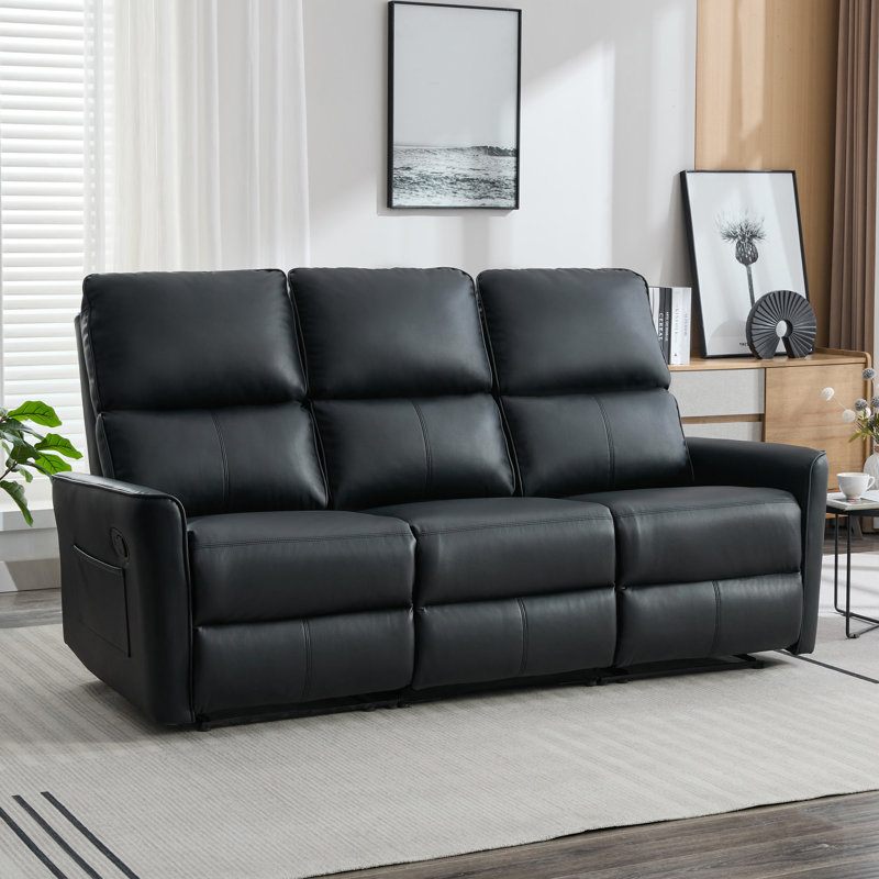 Aburio 3 Seater Faux Leather Reclining Sofa, Black