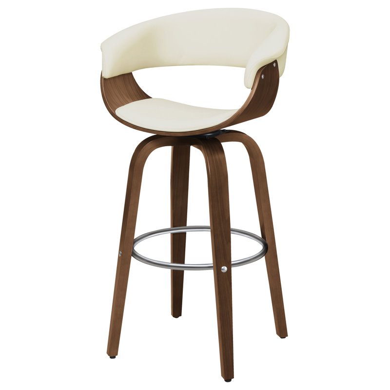 Ecru Faux Leather Walnut Swivel Bar Stool with Chrome Footrest