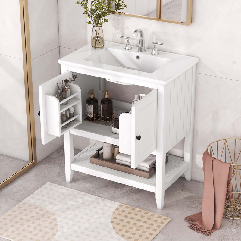 White 30" Modern Bathroom Vanity with Ceramic Sink and Solid Wood Frame