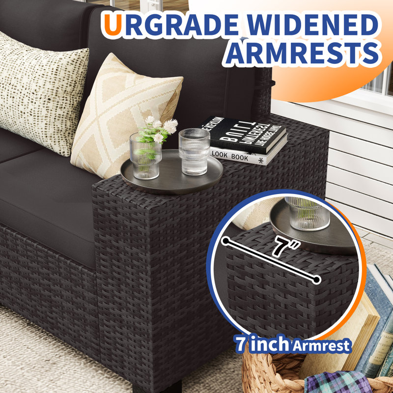5 - Person Wicker Outdoor Modular Sectional Seating Group with Cushions, Black Cushion/Black Frame, 6 Pcs: Table, 5 Chairs