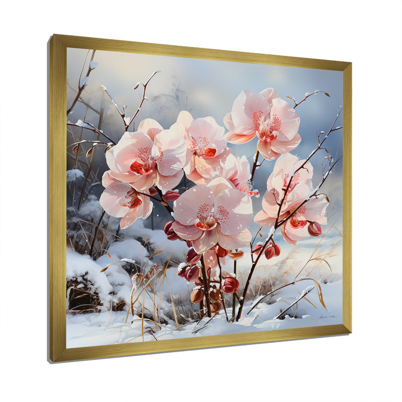 Charme d'orchidées roses en hiver, H 36 po x l 36 po x P 1,5 po, Cadre doré simple