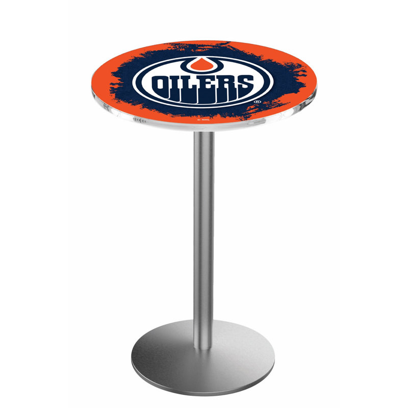NHL Round Metal Base Dining Table, Edmonton Oilers, Stainless Steel