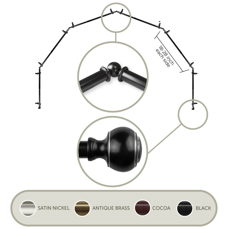 Tringle à rideaux pour baie vitrée à 6 côtés Jaylin - laiton antique 13/16 po, Noir, 28 po à 48 po (chaque côté)