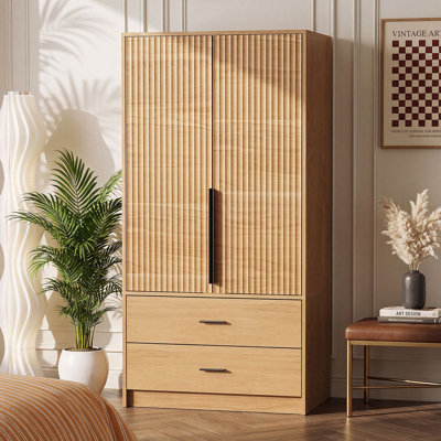 2-Door Armoire with Drawers & Hanging Rod - Natural Finish Freestanding Closet Cabinet for Small Spaces