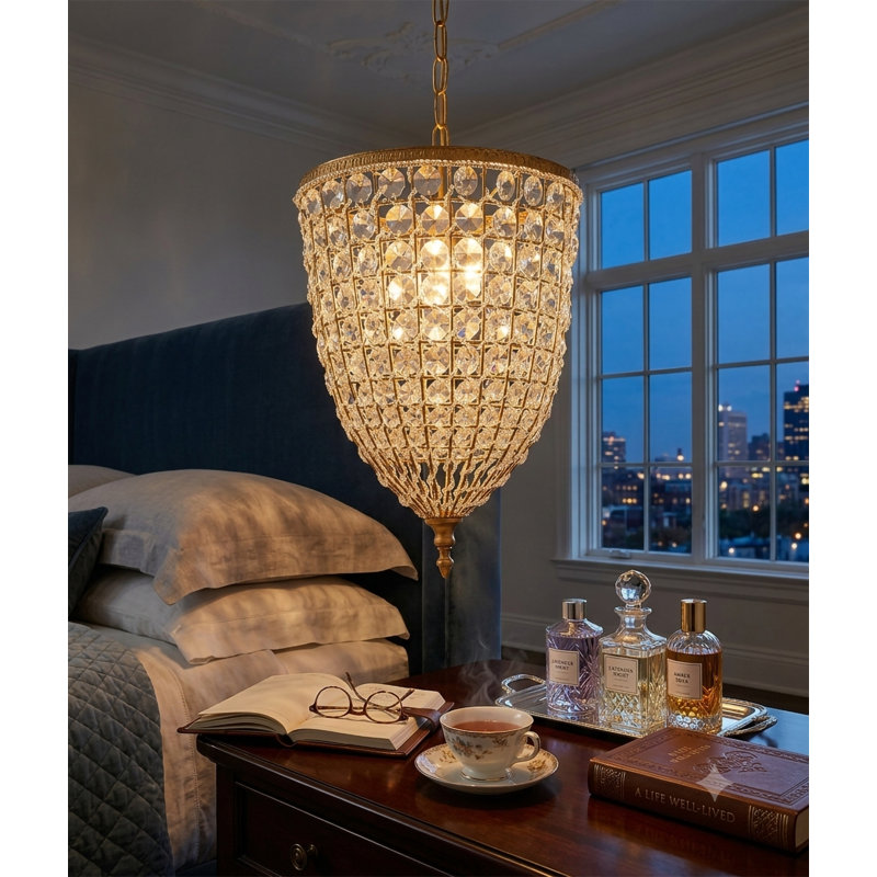 Suspension en bronze à une lumière avec accents de cristal transparent