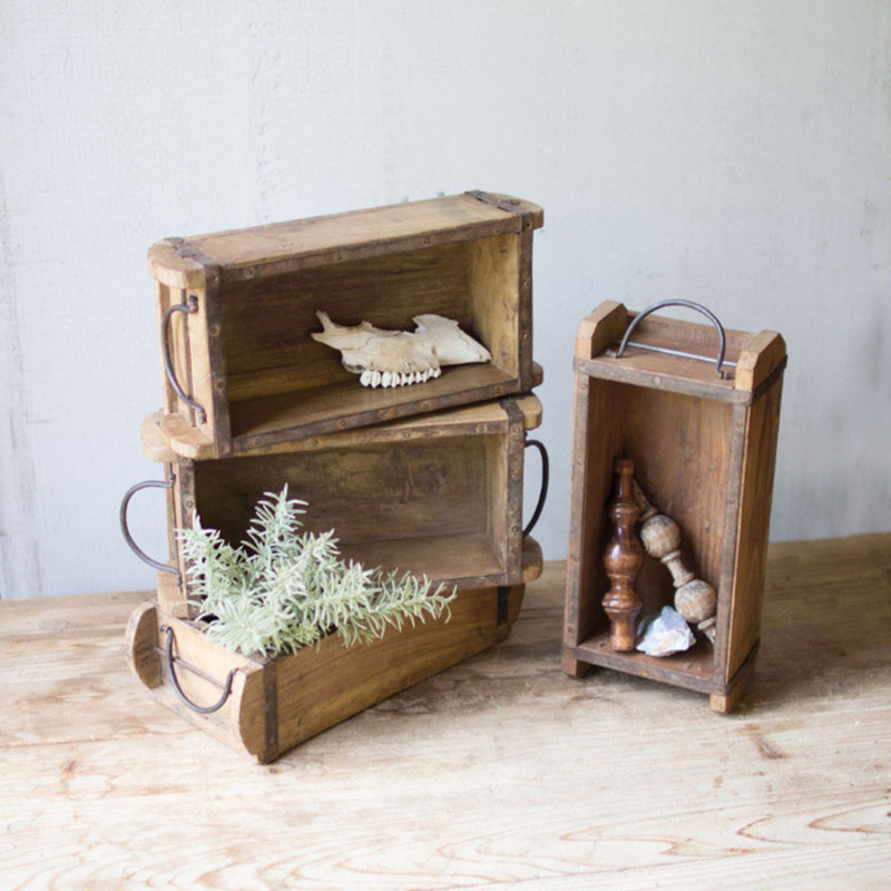  Moule en bois de brique en bois avec poignées en fer - L 12 po Boîte de rangement rétro vieillie pour tablettes et présentoirs, ensemble de 4