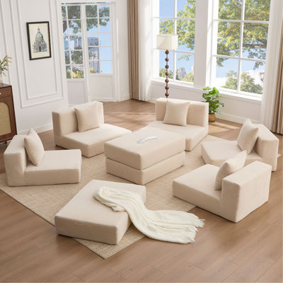 10-In-1 Convertible Sofa Sectional ,Corner Couch , Convertible Floor Sleeper Sofa,Corduroy,Side Pocket,No Assembly,DIY,L Shaped Modular Sofa,6 Pillows
