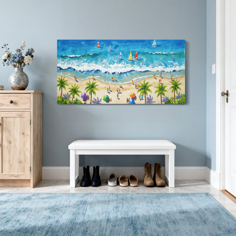Scène de plage avec palmiers et voiliers, H 16 po x l 32 po