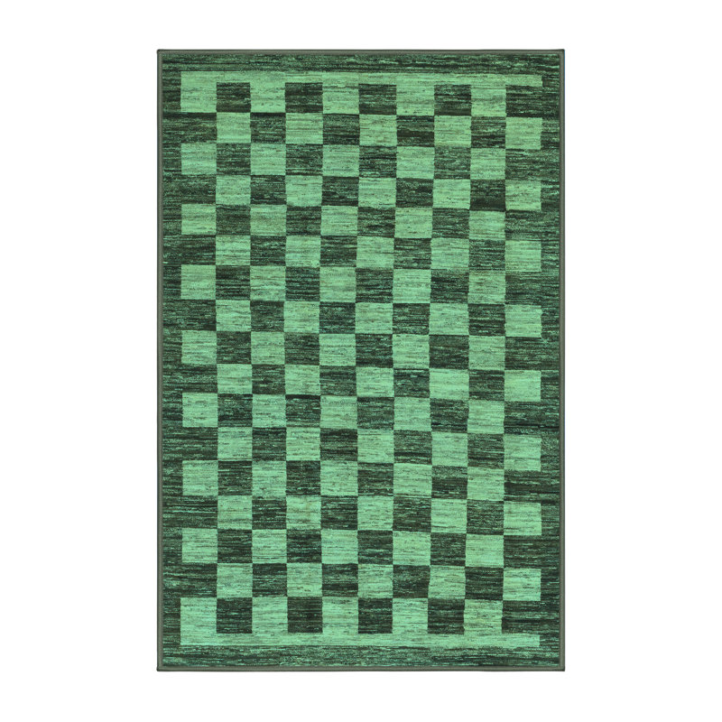 Tapis à carreaux en laine / polyester tissé à la machine en vert, Rectangle 7 pi x 10 pi