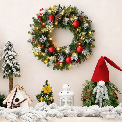 Couronne de Noël 15,75 pouces avec des lumières, des couronnes de Noël pour la porte d'entrée, une couronne d'hiver avec des pins, des baies rouges, des boules de pomme de pin, des décorations de Noël, pour une ambiance festive