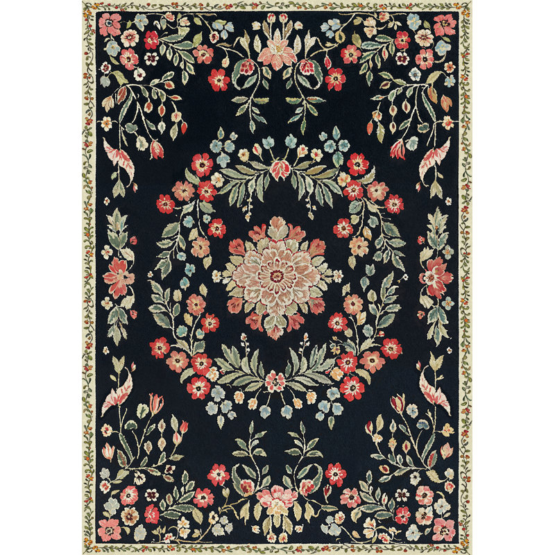 Black Floral Area Rug 5x7 Machine Washable with Non-Slip Backing for Bedroom, Living  Dining Room, Black