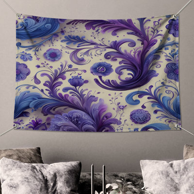 Tapisserie murale fleurs bleues et mauves - décoration murale florale