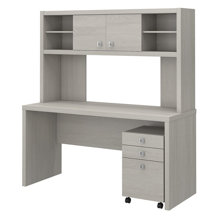 Office by Kathy Ireland Echo Bow Front Desk, Credenza with Hutch, Bookcase and File Cabinets Pure White/Modern Gray