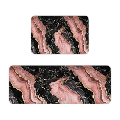 Ensemble de 2 tapis de cuisine en marbre noir et or rose pour vestibule