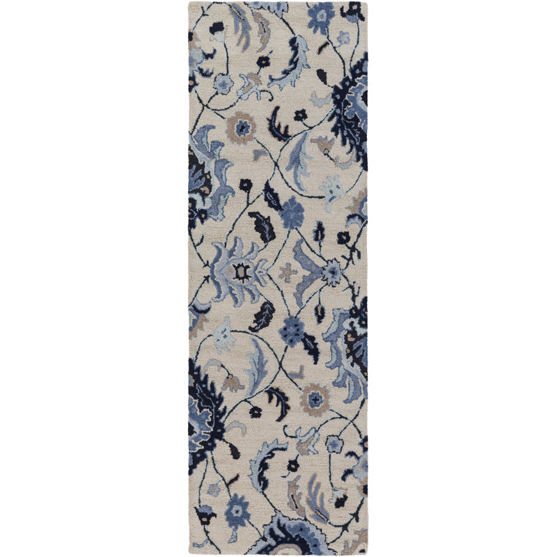 Tapis bleu / ivoire / beige en laine touffeté à la main Alexander, Tapis de couloir 2 pi 6 po x 8 pi