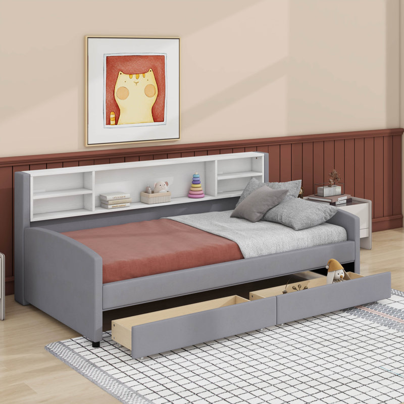 Lit plateforme simple tapissier avec tiroirs, Gris