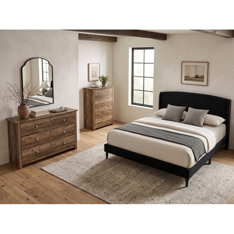 Ensemble de chambre à coucher Cerrato 3 pièces, Noir / chêne noueux, Ensemble de trois pièces : lit, deux commodes