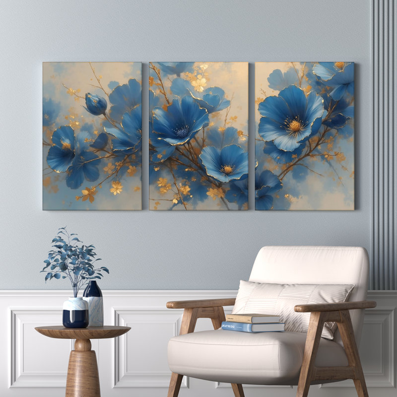Tableau sur toile tendue à motif floral bleu avec accents dorés (paquet de 3), H 18 po x l 36 po