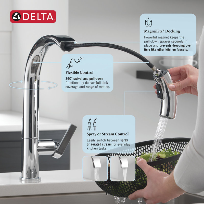 Delta Keele Pull Down Sprayer Single Handle Kitchen Sink Faucet, Chrome