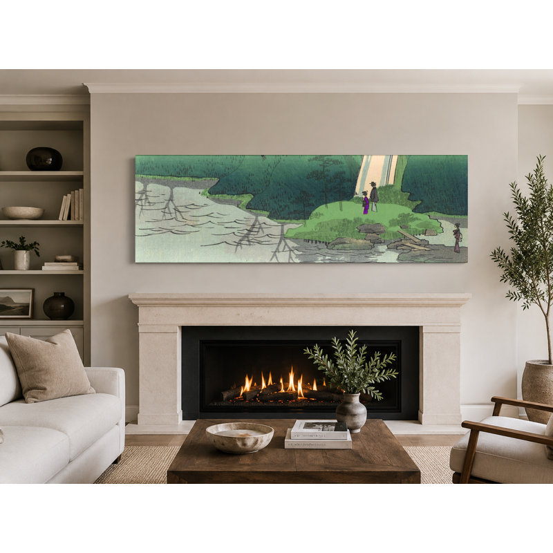Fleurs de cerisier et cascade - art mural sur toile panoramique, 72" W x 24" H