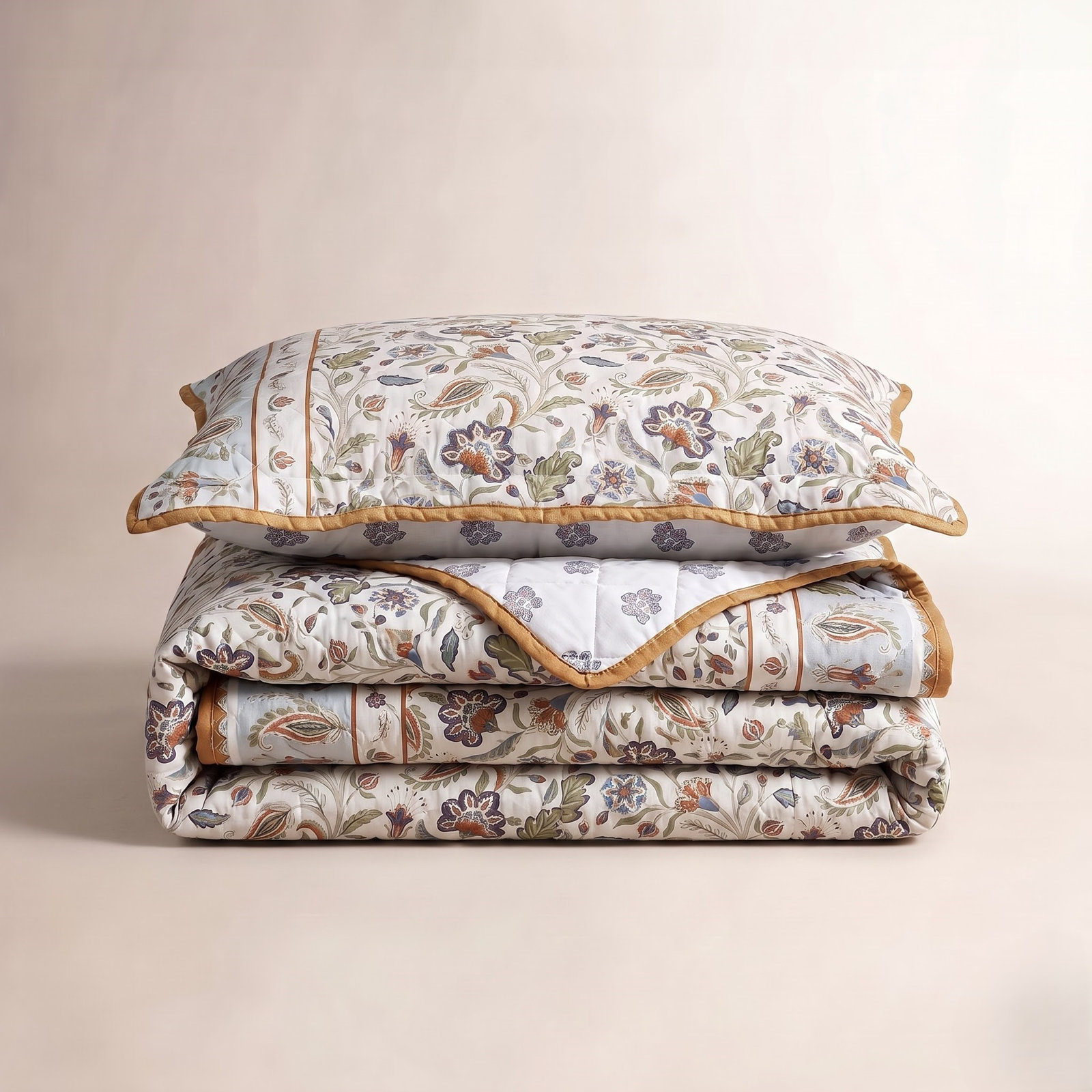 Floral Cotton Quilt Set, Twin Quilt + 1 Standard Sham, Ivory Floral