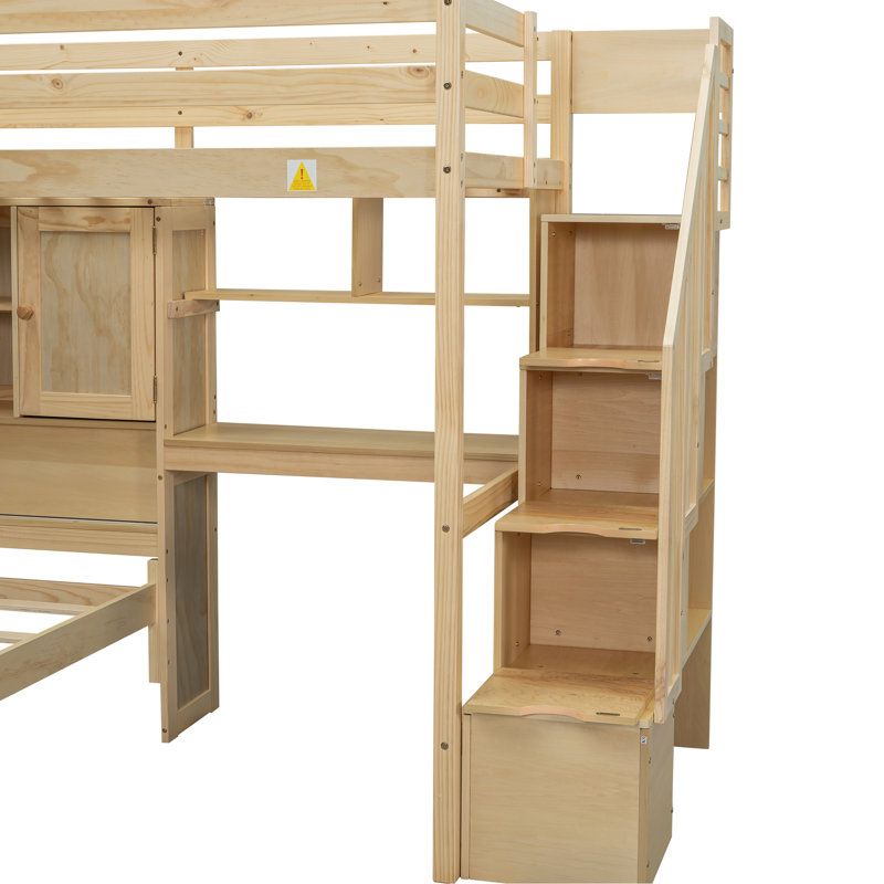 Lit simple surélevé naturel avec tablettes intégrées et compartiments de rangement, Naturel