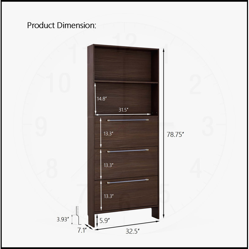 Narrow Shoe Organizer with 3 Flip Drawers and Top Storage, 78.75" Tall, Ideal for Entryways and Hallways - Walnut