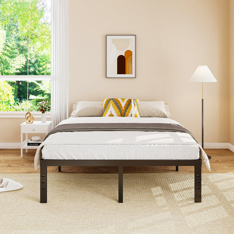 16 Inch Metal Platform Bed Frames With Wood Slat Support, Heavy Duty Mattress Foundation, Queen