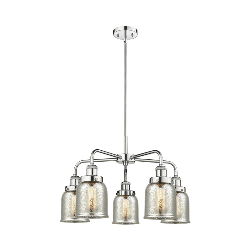 Lustre en verre à 5 lumières Bell, Argent mercuré plaqué, Chrome poli