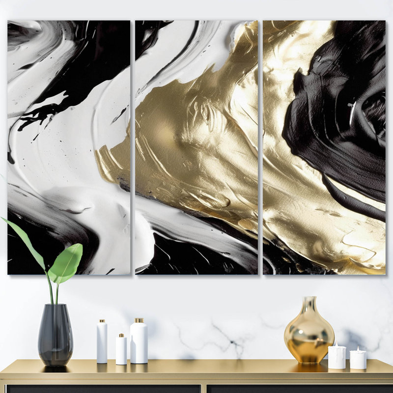 Exquis Darling Gold, vague abstraite sur fond noir IV sur toile, 3 pièces, H 32 po x l 48 po x P 1 po