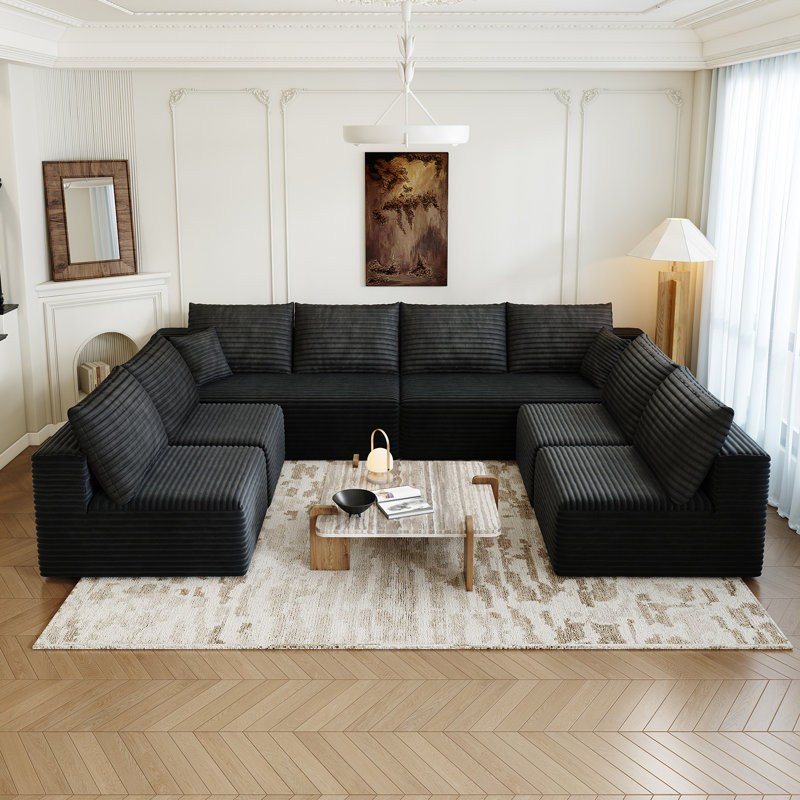 139.4" Modular Sectional Sofa Couch, Oversized  U-Shaped Minimalist Couches with 4 Middle Seats Chaise , Modern Deep Seat Cloud Plush Corduroy Sofas Set for Living Room, 8 Seater