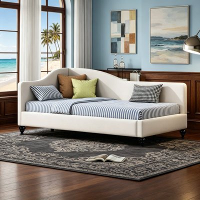 Stylish Linen Daybed With Solid Wood Legs And Modern Design, Perfect For Any Bedroom Or Living Room.